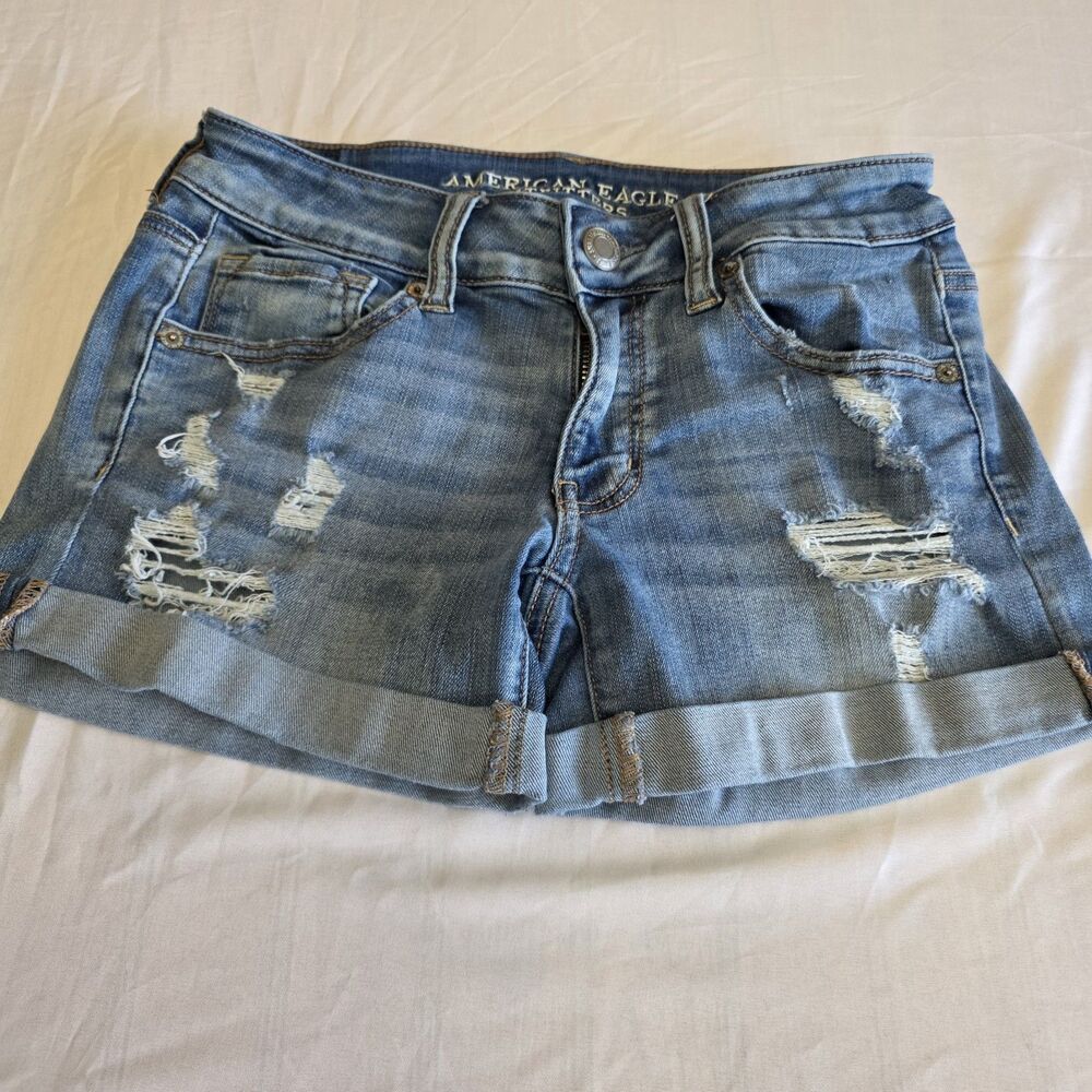 American Eagle Aeo Denim X Cafe Super Super Stretch Midi Shorts Women's Sz 2